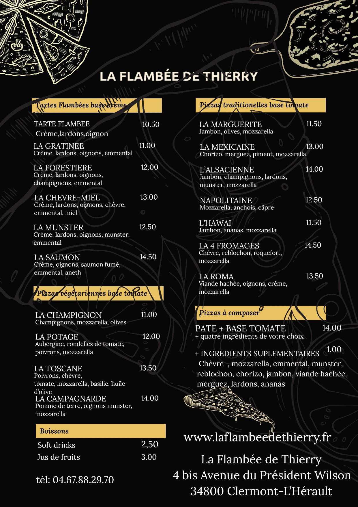 Carte des pizzas et tartes flambées de La Flambée de Thierry