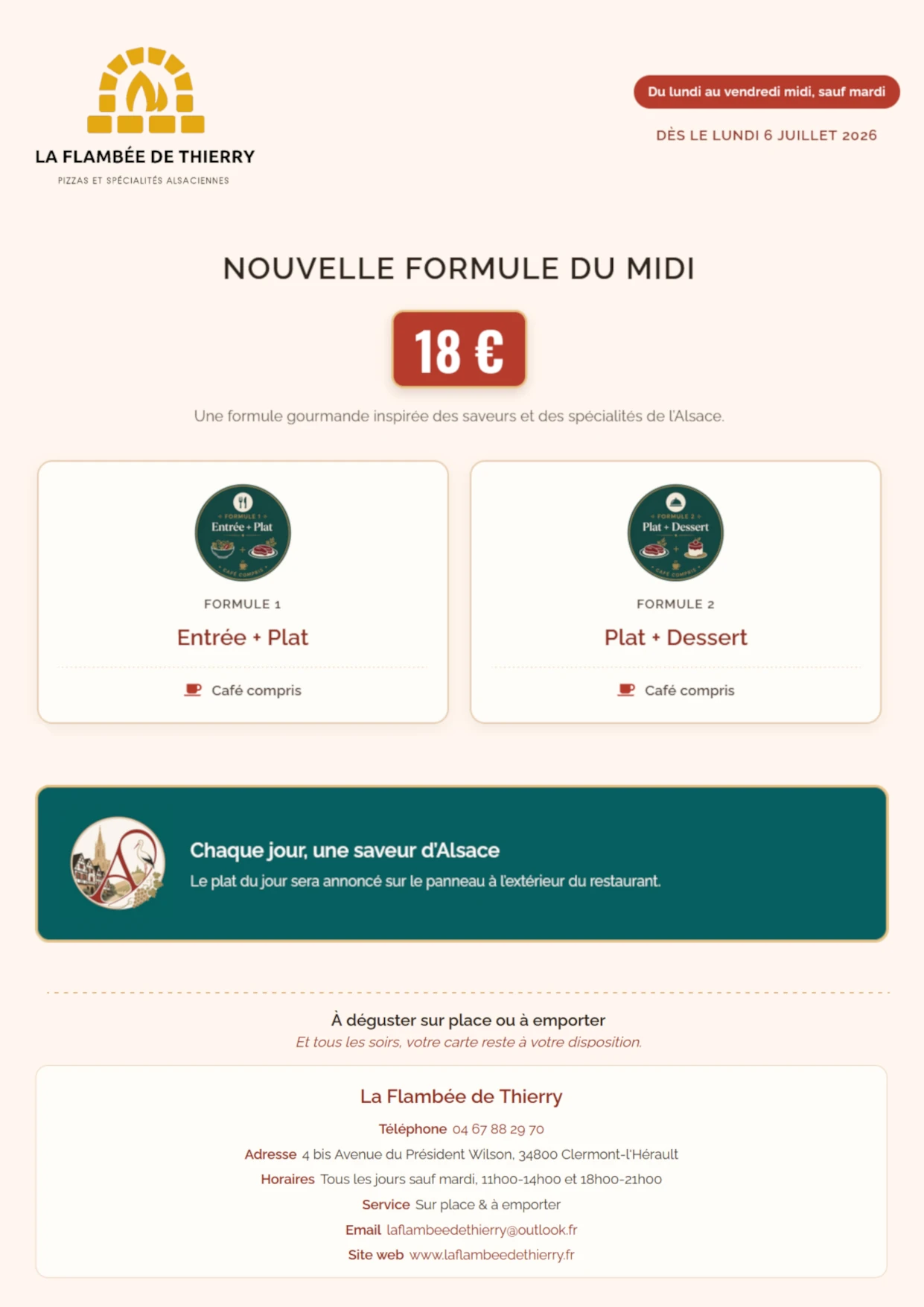 Carte de la formule du midi à 18 euros de La Flambée de Thierry